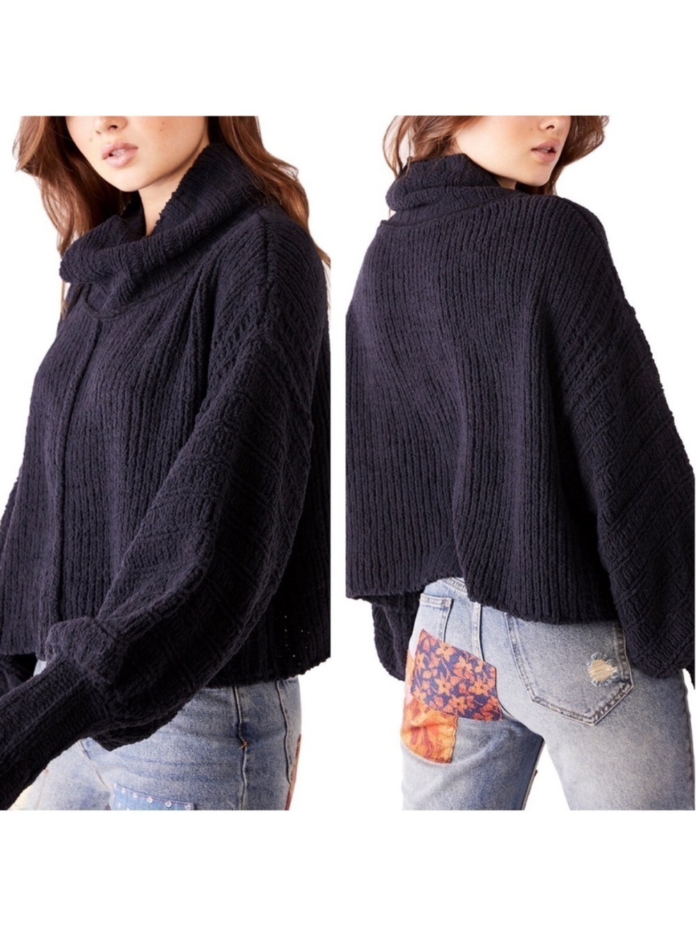 Free People Be Yours Pullover Knit Sweater Black Size Small Boxy Cropped Casual